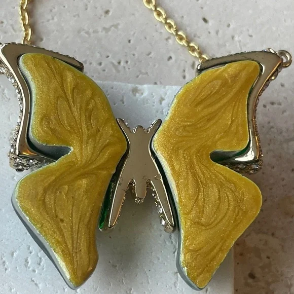 Alexis Bittar Green Lucite Butterfly Necklace Crystal Gold Statement Pendant - Picture 4 of 5